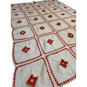 Handmade Crochet Bedspread 61x87 White Orange 3D Floral Granny Square Retro